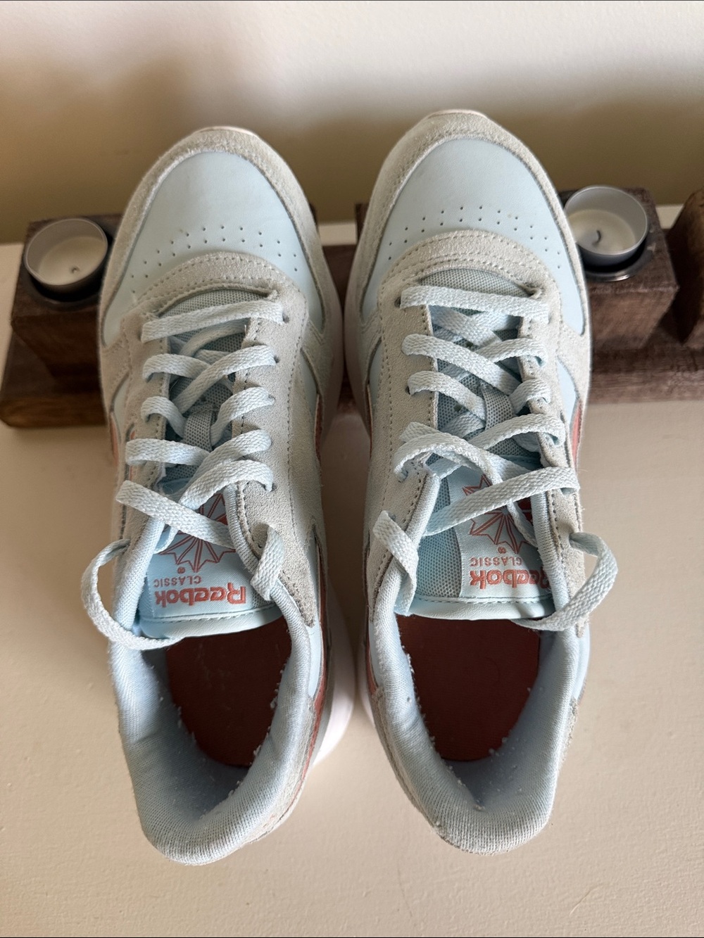Reebok Women’s Classic Sneaker in Light Blue and Beige